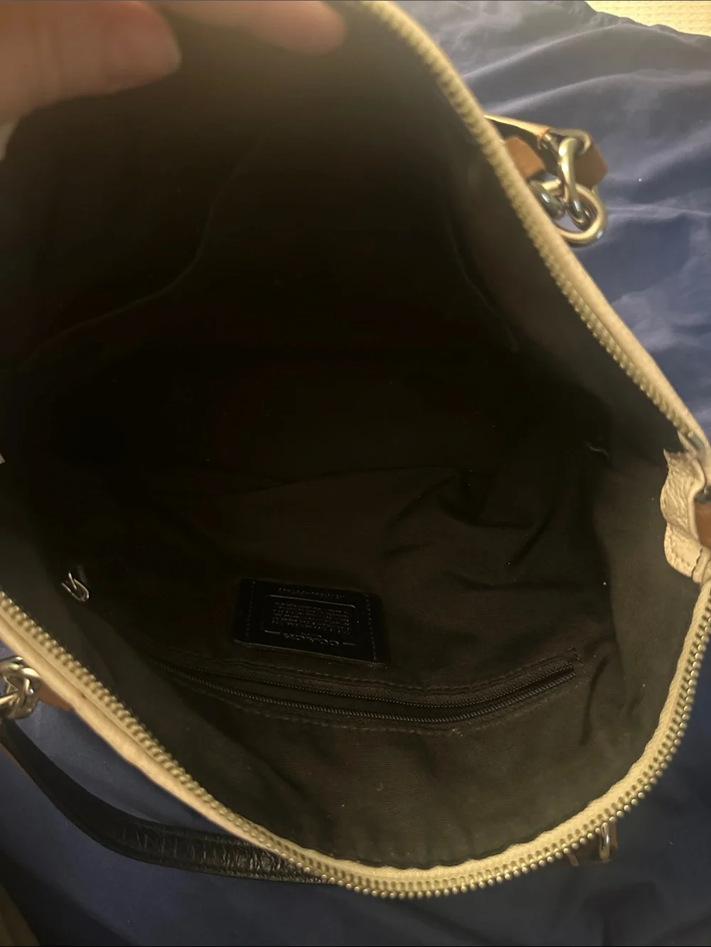 Coach Black Leather Hand Bag with Tan Handles and White Trim